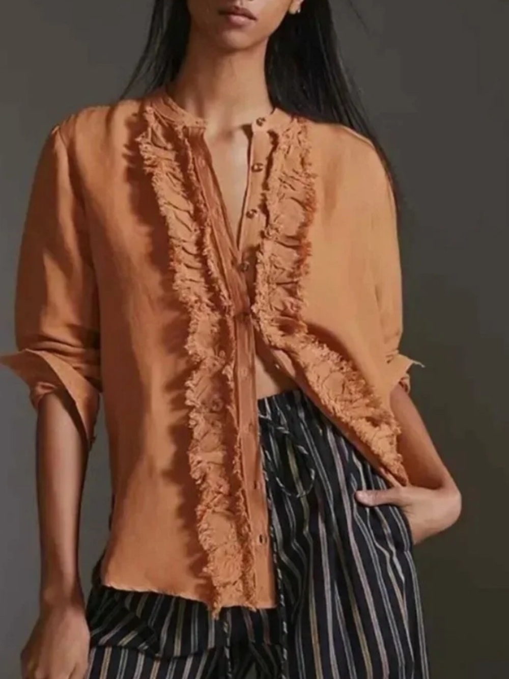 Pilcro by Anthropologie Burnt Orange Ruffle Linen Button Up Top Blouse Size XS